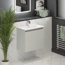 Newland 600mm Slimline Double Door Suspended Basin Unit With Ceramic Basin Pearl Grey