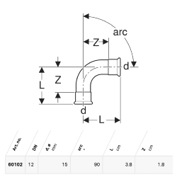 Geberit Mapress Copper Bend: 90°, d=15mm - 60102