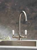 Reginox Elbe Dual Lever Brushed Nickel Swan Neck Tap with White Ceramic Handles ELBEBN