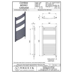 Vogue Combes 1200 x 600mm Curved Ladder Towel Rail Heating Only Chrome 1512BTU MD063 MS12060CP