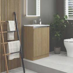 Newland 600mm Slimline Floorstanding Double Door Basin Unit With Ceramic Basin Natural Oak