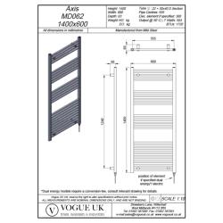 Vogue Axis 1400 x 600mm Straight Ladder Towel Rail Heating Only Chrome 1720BTU MD062 MS14060CP