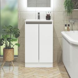 Newland 500mm Floorstanding Double Door Basin Unit With Ceramic Basin White Gloss