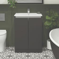 Newland 600mm Floorstanding Double Door Basin Unit With Ceramic Basin Midnight Mist