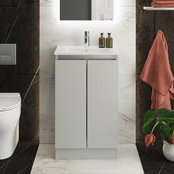 Newland 500mm Slimline Floorstanding Double Door Basin Unit With Ceramic Basin Pearl Grey