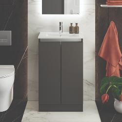 Newland 500mm Slimline Floorstanding Double Door Basin Unit With Ceramic Basin Midnight Mist