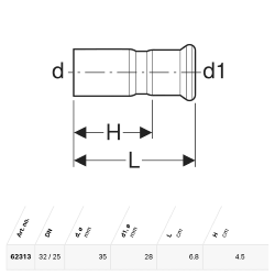 Geberit Mapress Copper Reducer with Plain End: d=35mm, d1=28mm - 62313