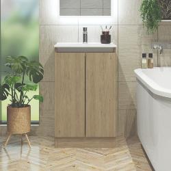 Newland 500mm Floorstanding Double Door Basin Unit With Ceramic Basin Natural Oak