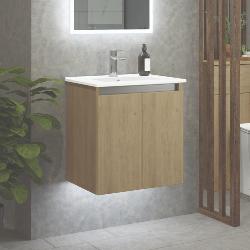 Newland 500mm Slimline Double Door Suspended Basin Unit With Ceramic Basin Natural Oak