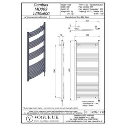 Vogue Combes 1400 x 600mm Curved Ladder Towel Rail Heating Only Chrome 1720BTU MD063 MS14060CP