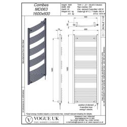 Vogue Combes 1600 x 600mm Curved Ladder Towel Rail Heating Only Chrome 1979BTU MD063 MS16060CP