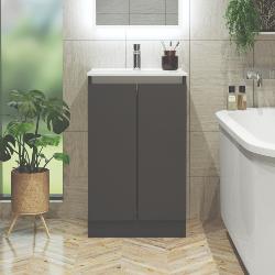 Newland 500mm Floorstanding Double Door Basin Unit With Ceramic Basin Midnight Mist