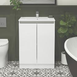 Newland 600mm Floorstanding Double Door Basin Unit With Ceramic Basin White Gloss