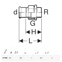 Geberit Mapress Copper Adaptor with Male Thread: CC499K, d=28mm, R=1" - 61708