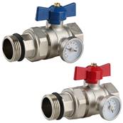 RadiantHeat PRO 1" Ball Valve with Temp Gauge Set Red & Blue (Pair) ZL-4012