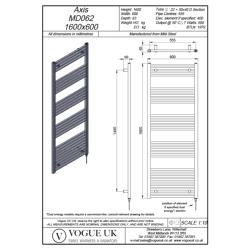 Vogue Axis 1600 x 600mm Straight Ladder Towel Rail - Heating Only (Chrome) MD062 MS16060CP