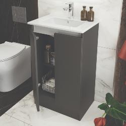 Newland 500mm Slimline Floorstanding Double Door Basin Unit With Ceramic Basin Midnight Mist