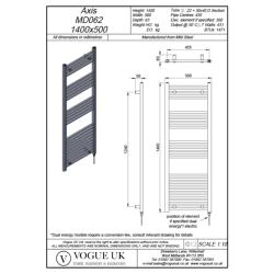 Vogue Axis 1400 x 500mm Straight Ladder Towel Rail Heating Only Chrome 1471BTU MD062 MS14050CP