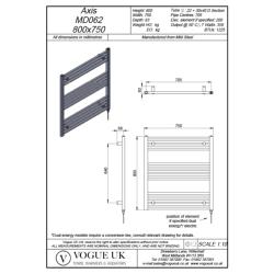 Vogue Axis 800 x 750mm Straight Ladder Towel Rail Heating Only Chrome 1225BTU MD062 MS08075CP