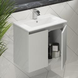 Newland 600mm Slimline Double Door Suspended Basin Unit With Ceramic Basin Pearl Grey