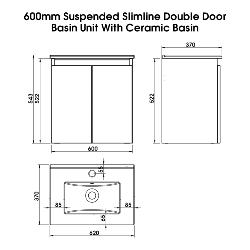 Newland 600mm Slimline Double Door Suspended Basin Unit With Ceramic Basin White Gloss