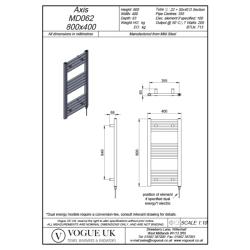 Vogue Axis 800 x 400mm Straight Ladder Towel Rail Heating Only Chrome 713BTU MD062 MS08040CP