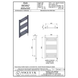 Vogue Axis 800 x 500mm Straight Ladder Towel Rail Heating Only Chrome 860BTU MD062 MS08050CP