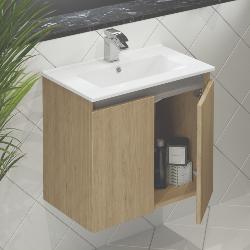 Newland 600mm Slimline Double Door Suspended Basin Unit With Ceramic Basin Natural Oak