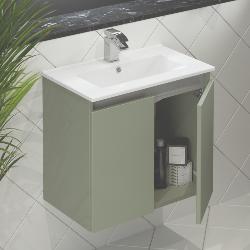 Newland 600mm Slimline Double Door Suspended Basin Unit With Ceramic Basin Sage Green