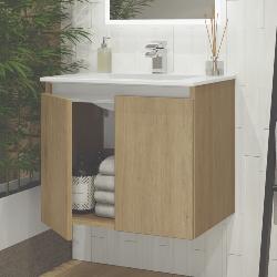 Newland 600mm Double Door Suspended Basin Unit With Ceramic Basin Natural Oak