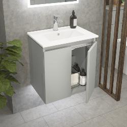 Newland 500mm Slimline Double Door Suspended Basin Unit With Ceramic Basin Pearl Grey