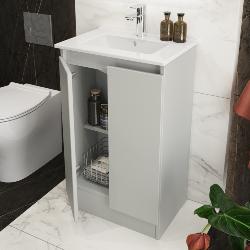 Newland 500mm Slimline Floorstanding Double Door Basin Unit With Ceramic Basin Pearl Grey