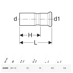 Geberit Mapress Copper Reducer with Plain End: d=22mm, d1=15mm - 62305