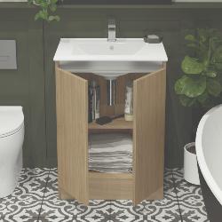 Newland 600mm Floorstanding Double Door Basin Unit With Ceramic Basin Natural Oak