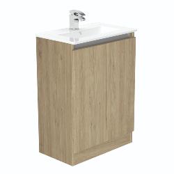 Newland 600mm Slimline Floorstanding Double Door Basin Unit With Ceramic Basin Natural Oak