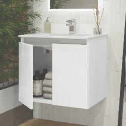 Newland 600mm Double Door Suspended Basin Unit With Ceramic Basin White Gloss