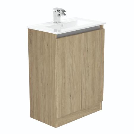 Newland 600mm Slimline Floorstanding Double Door Basin Unit With Ceramic Basin Natural Oak
