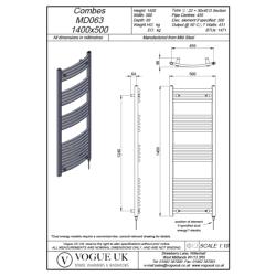 Vogue Combes 1400 x 500mm Curved Ladder Towel Rail Heating Only Chrome 1471BTU MD063 MS14050CP