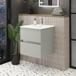 Newland 600mm Double Drawer Suspended Basin Unit With Ceramic Basin Pearl Grey