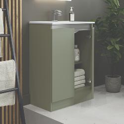 Newland 600mm Slimline Floorstanding Double Door Basin Unit With Ceramic Basin Sage Green