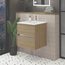 Newland 600mm Double Drawer Suspended Basin Unit With Ceramic Basin Natural Oak