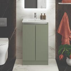 Newland 500mm Slimline Floorstanding Double Door Basin Unit With Ceramic Basin Sage Green