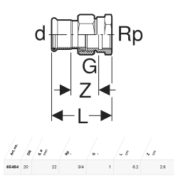 Geberit Mapress Copper Adaptor Union with Female Thread: CC499K, d=22mm, Rp=3/4" - 65484