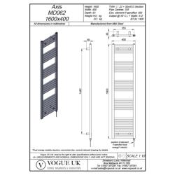 Vogue Axis 1600 x 400mm Straight Ladder Towel Rail Heating Only Chrome 1406BTU MD062 MS16040CP