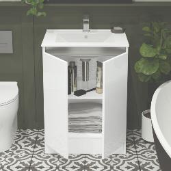 Newland 600mm Floorstanding Double Door Basin Unit With Ceramic Basin White Gloss