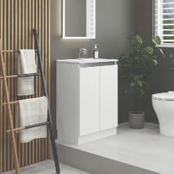 Newland 600mm Slimline Floorstanding Double Door Basin Unit With Ceramic Basin White Gloss