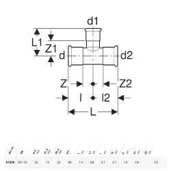 Geberit Mapress Copper T-piece, reduced: d=22mm, d1=15mm, d2=22mm - 61256