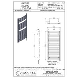 Vogue Curvee 1100 x 500mm Arched Crossbar Towel Rail Heating Only Chrome 1078BTU MD050 MS1100500CP