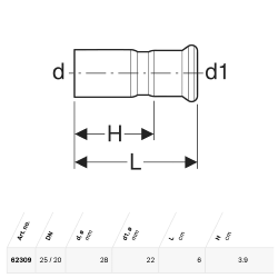 Geberit Mapress Copper Reducer with Plain End: d=28mm, d1=22mm - 62309