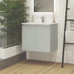 Newland 600mm Double Door Suspended Basin Unit With Ceramic Basin Pearl Grey